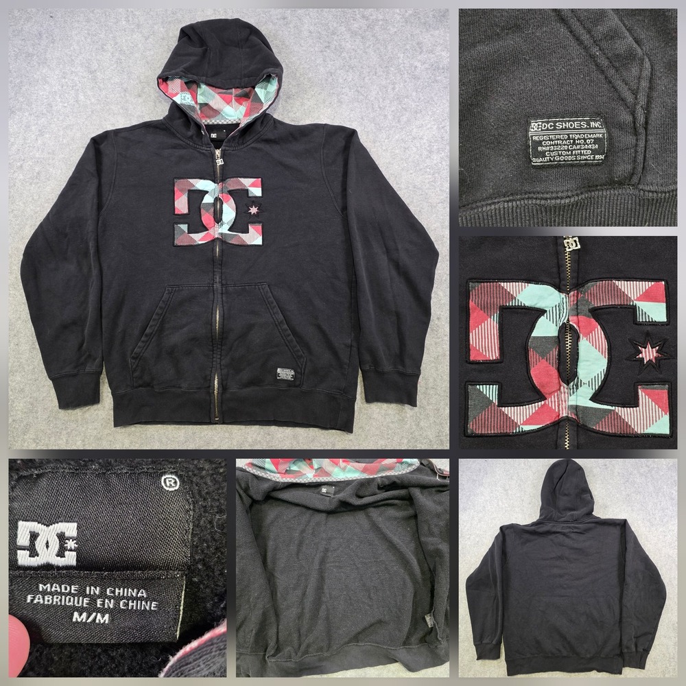 DC Shoes Hoodie Mens Medium Black Full Zip Plaid Logo Skateboard Sweatshirt Y2K